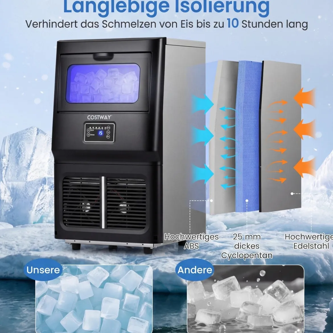 Gewerblicher Eiswürfelbereiter 25-30 kg/24 h aus Edelstahl Untertheken-/Standgerät mit Selbstreinigung Schwarz