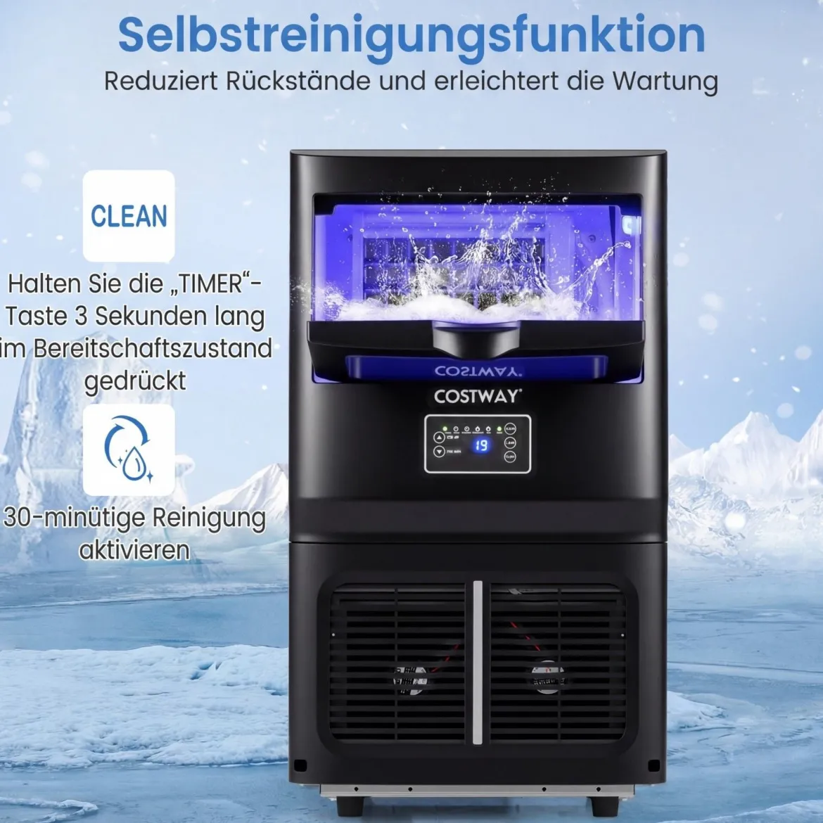 Gewerblicher Eiswürfelbereiter 25-30 kg/24 h aus Edelstahl Untertheken-/Standgerät mit Selbstreinigung Schwarz