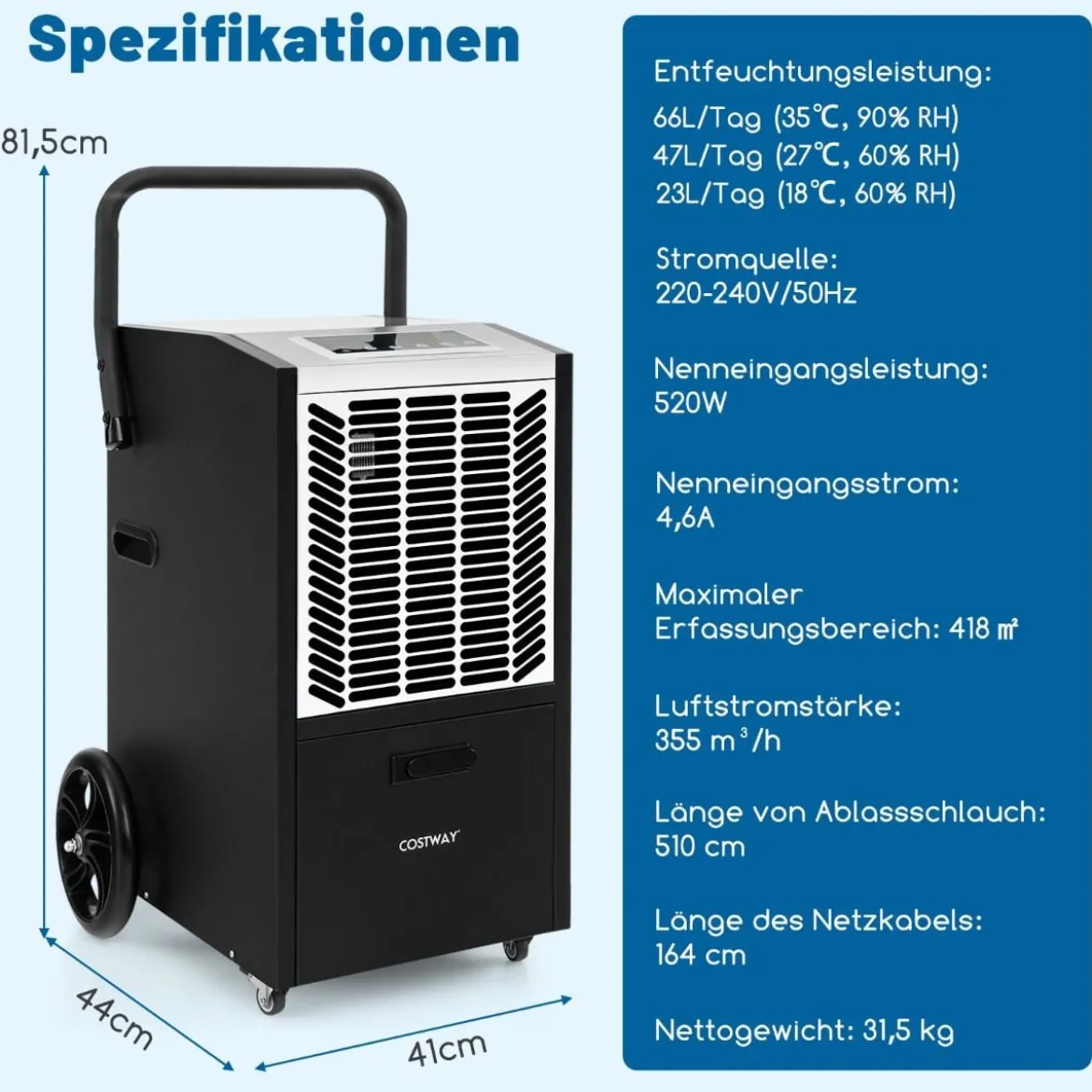 Gewerblicher Luftentfeuchter mit Pumpe & Ablaufschlauch & 24-Stunden-Timer & 4 Rädern