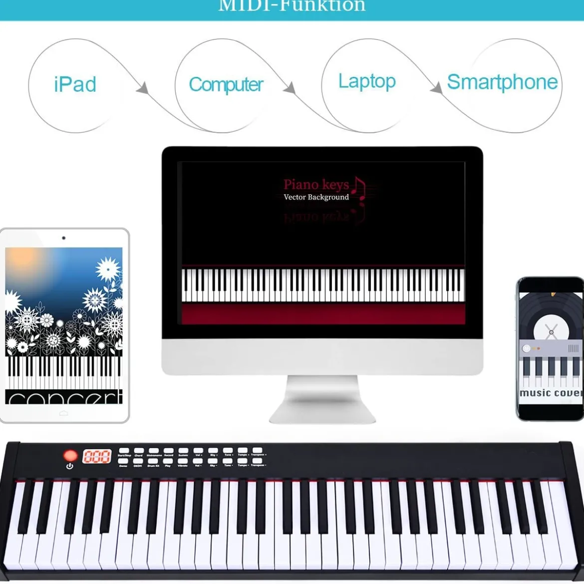 61 gewichtete Tastatur digitale Keyboard elektrisches Klavier 90 x 21 x 6 cm Schwarz