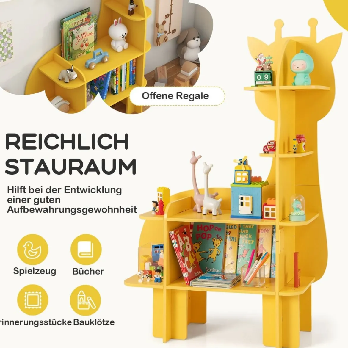 Giraffe Bücherregal für Kinder Spielzeug-Aufbewahrungsorganisator mit offenen Regalen