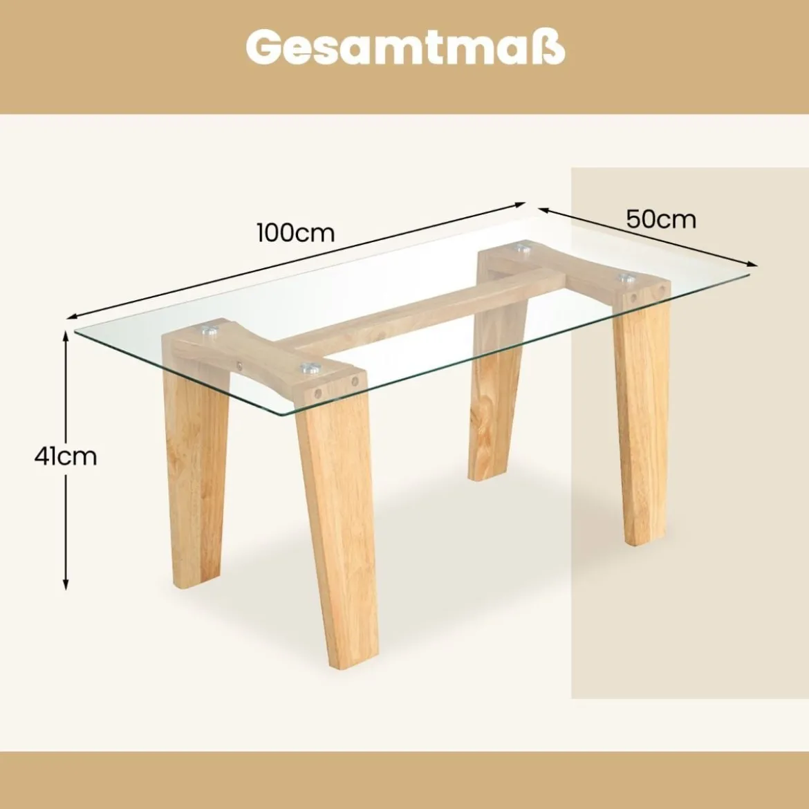 Glas Couchtisch mit Gummiholzbeinen Rechteckiger Beistelltisch Glastisch Kaffeetisch