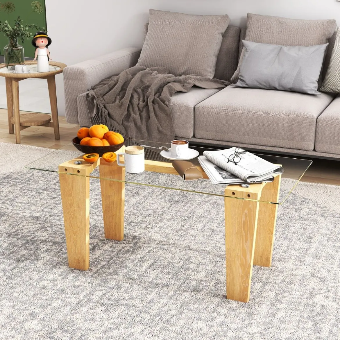 Glas Couchtisch mit Gummiholzbeinen Rechteckiger Beistelltisch Glastisch Kaffeetisch