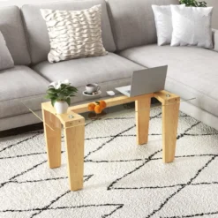 Glas Couchtisch mit Gummiholzbeinen Rechteckiger Beistelltisch Glastisch Kaffeetisch