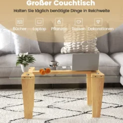 Glas Couchtisch mit Gummiholzbeinen Rechteckiger Beistelltisch Glastisch Kaffeetisch