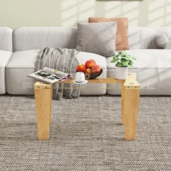 Glas Couchtisch mit Gummiholzbeinen Rechteckiger Beistelltisch Glastisch Kaffeetisch
