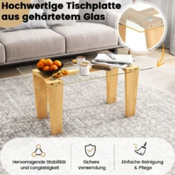 Glas Couchtisch mit Gummiholzbeinen Rechteckiger Beistelltisch Glastisch Kaffeetisch
