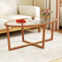 Glas Couchtisch mit Kreuzfuß & Beinen aus Akazienholz Modern Glastisch Beistelltisch