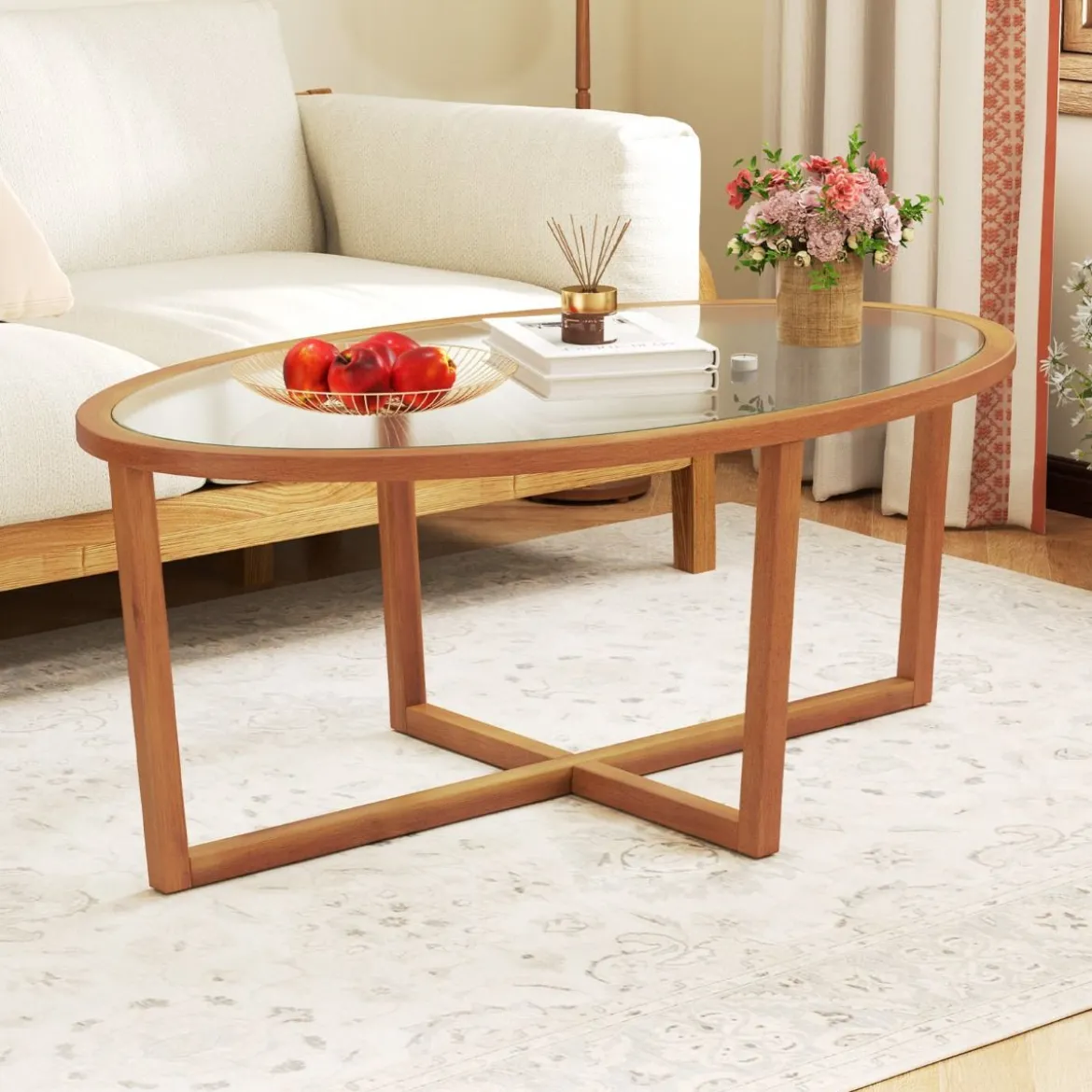 Glas Couchtisch mit Kreuzfuß & Beinen aus Akazienholz Modern Glastisch Beistelltisch