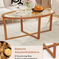 Glas Couchtisch mit Kreuzfuß & Beinen aus Akazienholz Modern Glastisch Beistelltisch