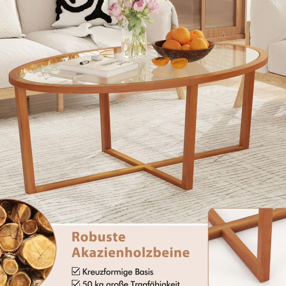 Glas Couchtisch mit Kreuzfuß & Beinen aus Akazienholz Modern Glastisch Beistelltisch
