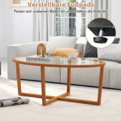 Glas Couchtisch mit Kreuzfuß & Beinen aus Akazienholz Modern Glastisch Beistelltisch