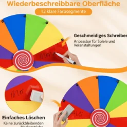 Glücksrad zum Drehen 60 cm Roulette-Spinner mit Ständer & 12 Wiederbeschreibbaren Feldern