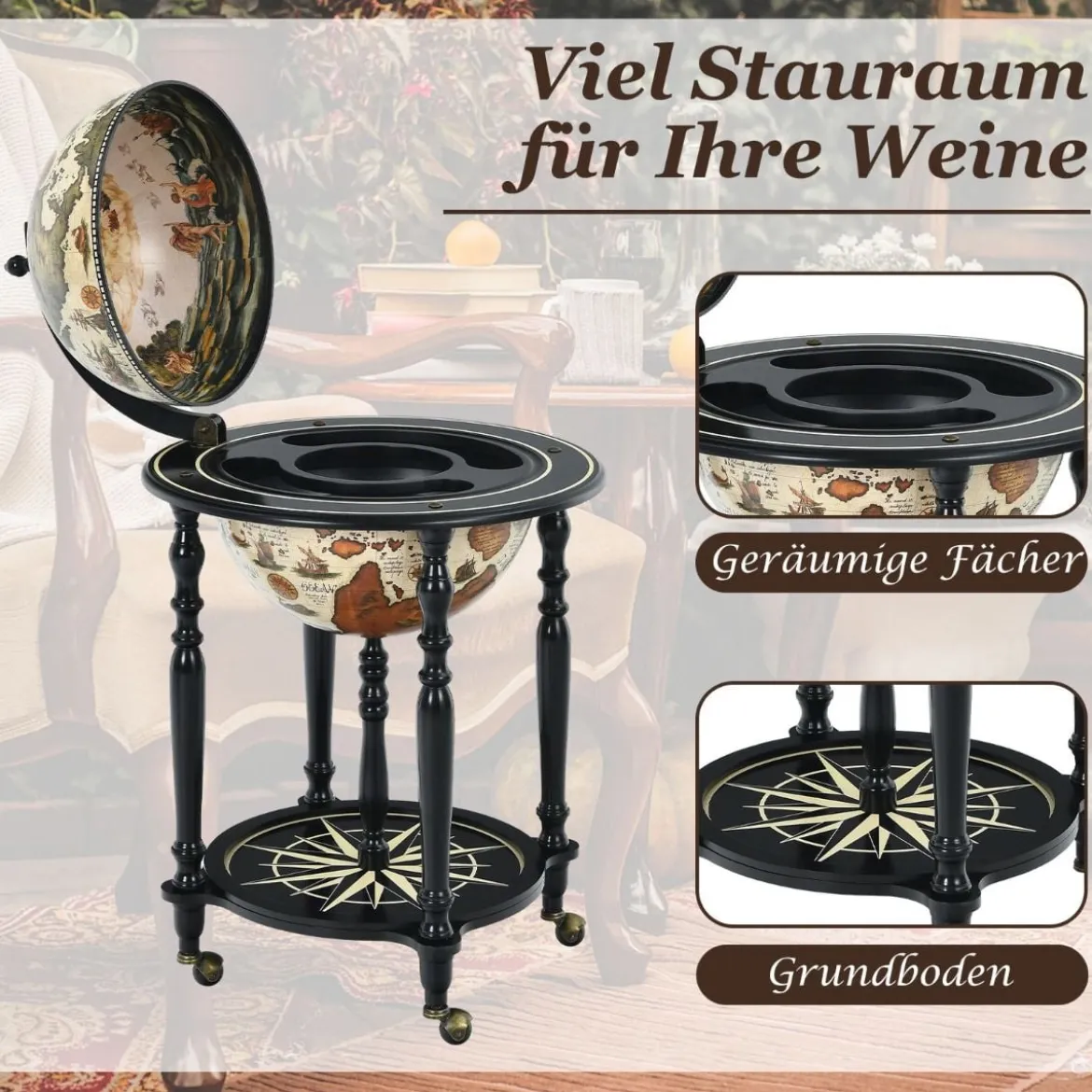 Globus-Weinständer Nautischer Weinständer mit Rollen Weinregal Globus Bar Ø 56 x 93 cm