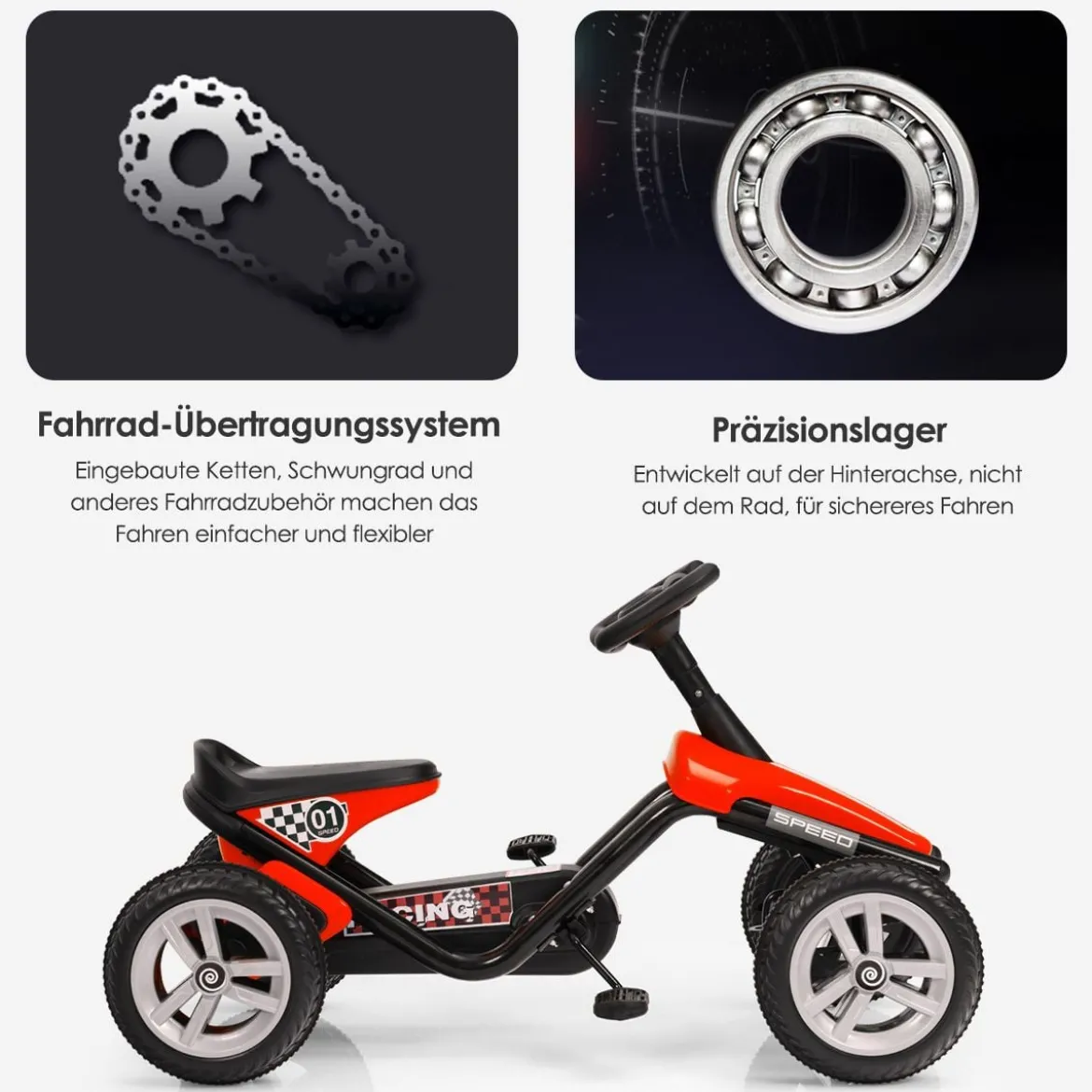 Go-Kart mit Pedalen Kinderfahrzeug mit 4 Rädern & Anti-Rutsch-Streifen Rot