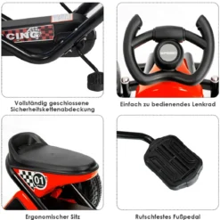 Go-Kart mit Pedalen Kinderfahrzeug mit 4 Rädern & Anti-Rutsch-Streifen Rot