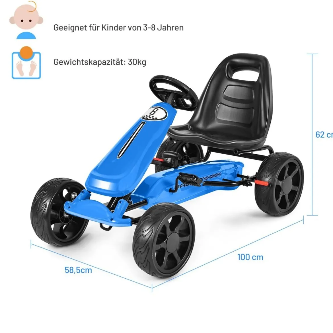 Gokart mit verstellbarem Sitz Racing Gokart mit Pedalen für Kinder 100 x 58,5 x 62 cm Blau