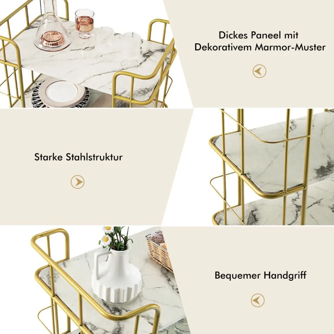 Goldener Barwagen 3-Stöckiger Servierwagen mit Marmoroberfläche 66 x 40 x 82 cm