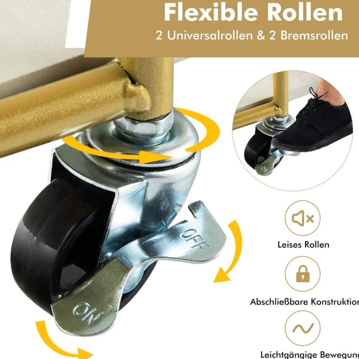 Goldener Barwagen 3-Stöckiger Servierwagen mit Marmoroberfläche 66 x 40 x 82 cm