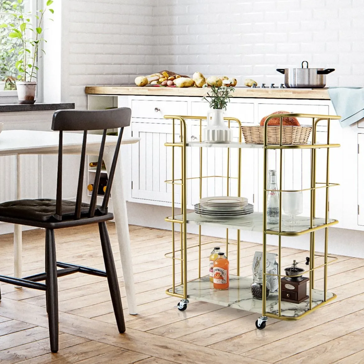 Goldener Barwagen 3-Stöckiger Servierwagen mit Marmoroberfläche 66 x 40 x 82 cm