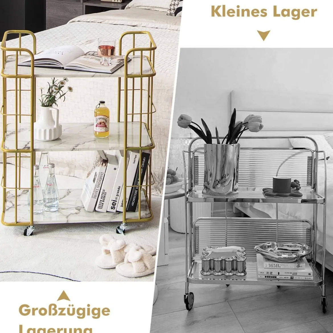 Goldener Barwagen 3-Stöckiger Servierwagen mit Marmoroberfläche 66 x 40 x 82 cm