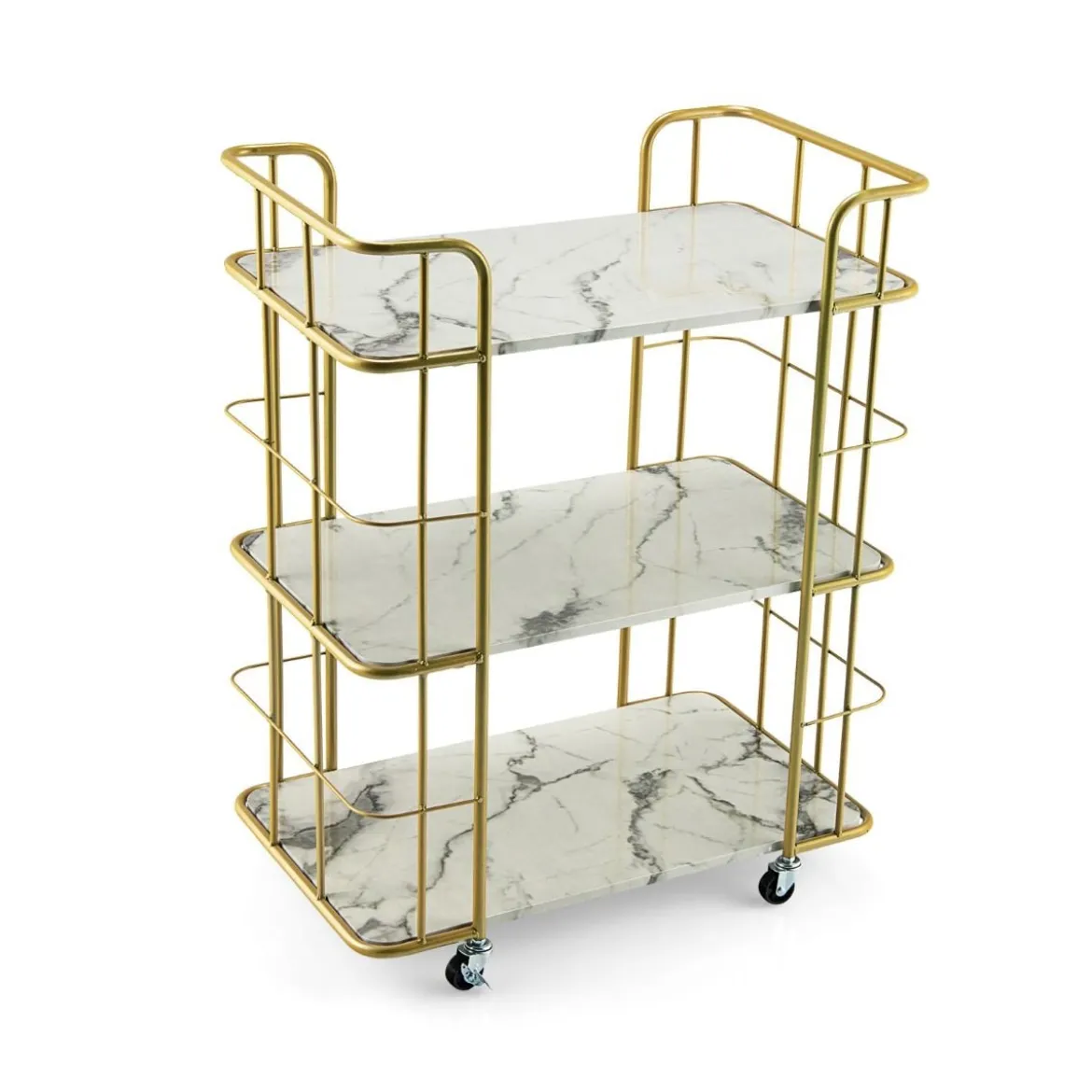 Goldener Barwagen 3-Stöckiger Servierwagen mit Marmoroberfläche 66 x 40 x 82 cm