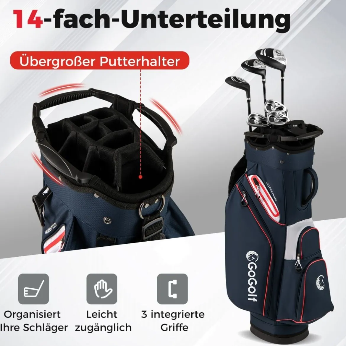 Golfbag Leichtes Golf Cart Bag mit 14 er Unterteilung Wasserabweisende Golftasche Marineblau