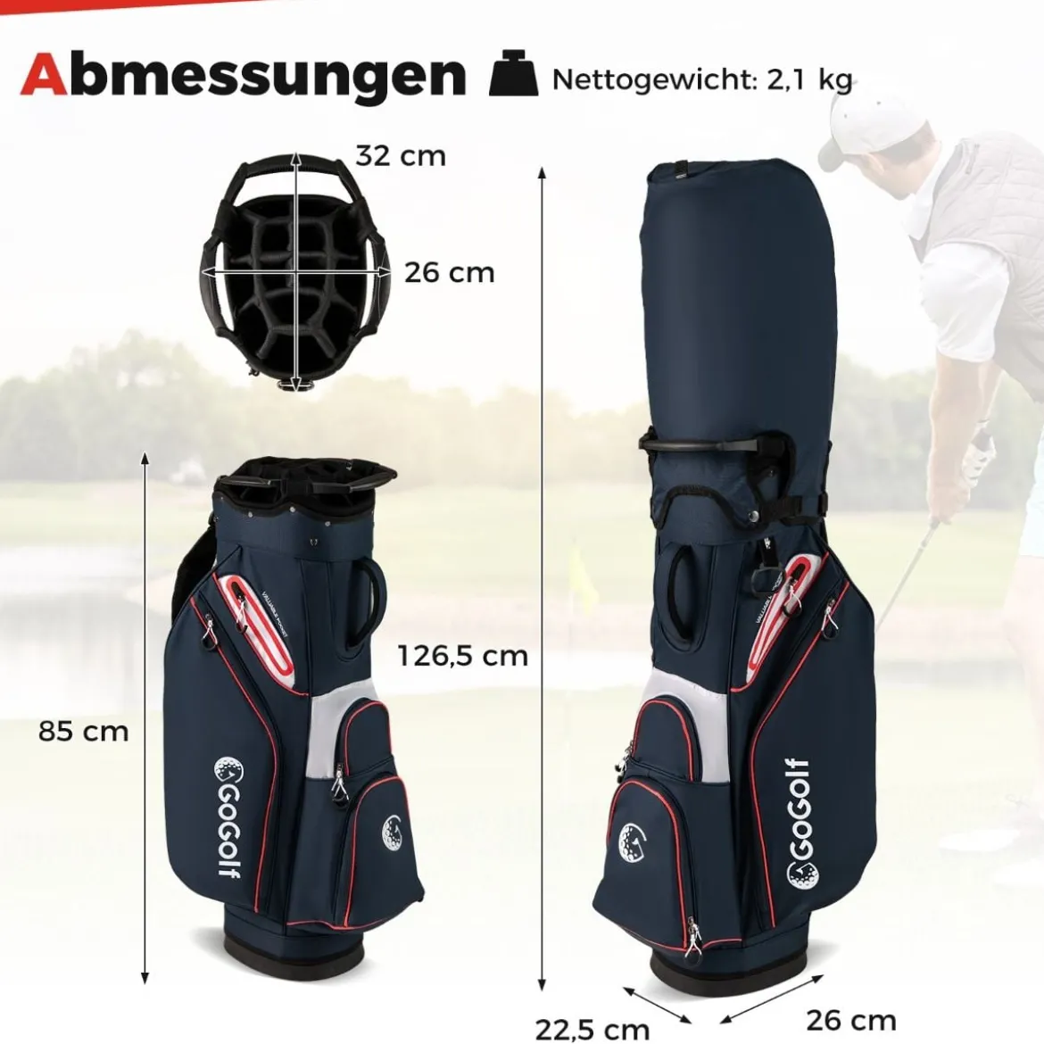 Golfbag Leichtes Golf Cart Bag mit 14 er Unterteilung Wasserabweisende Golftasche Marineblau