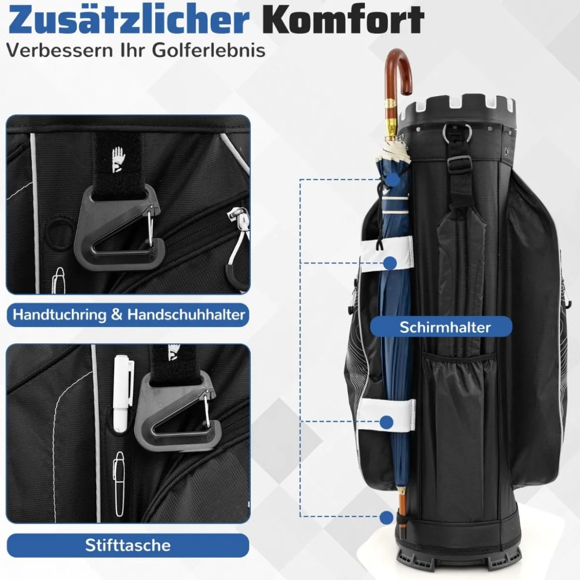 Golfbag mit 14 er Unterteilung & Tragegurt & Regenhaube & 11 Taschen Leichtes Golf Cart Bag Schwarz