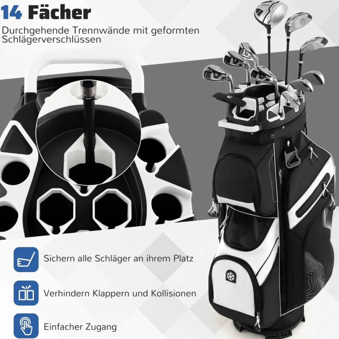 Golfbag mit 14 er Unterteilung & Tragegurt & Regenhaube & 11 Taschen Leichtes Golf Cart Bag Schwarz