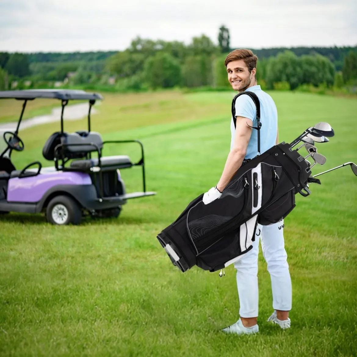 Golfbag mit 14 er Unterteilung & Tragegurt & Regenhaube & 11 Taschen Leichtes Golf Cart Bag Schwarz