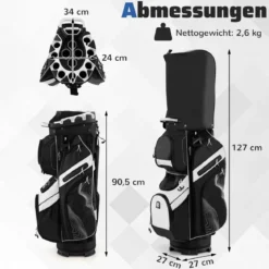 Golfbag mit 14 er Unterteilung & Tragegurt & Regenhaube & 11 Taschen Leichtes Golf Cart Bag Schwarz