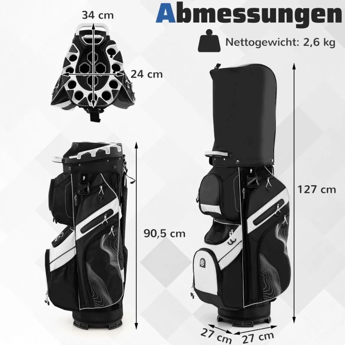 Golfbag mit 14 er Unterteilung & Tragegurt & Regenhaube & 11 Taschen Leichtes Golf Cart Bag Schwarz