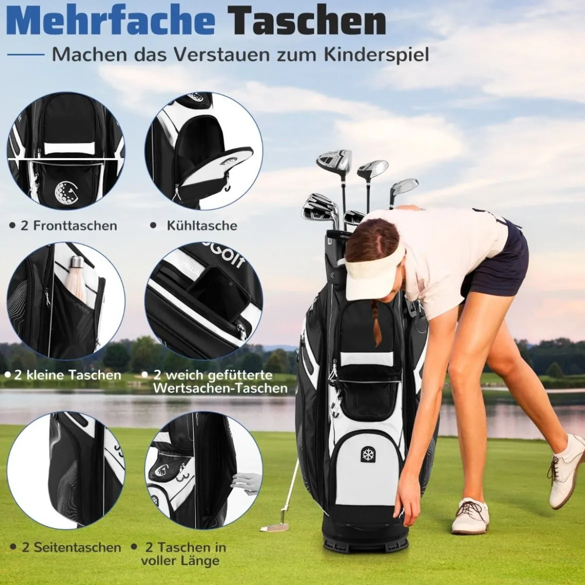 Golfbag mit 14 er Unterteilung & Tragegurt & Regenhaube & 11 Taschen Leichtes Golf Cart Bag Schwarz