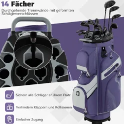 Golfbag mit 14 er Unterteilung & Tragegurt & Regenhaube & 11 Taschen Leichtes Golf Cart Bag Violett