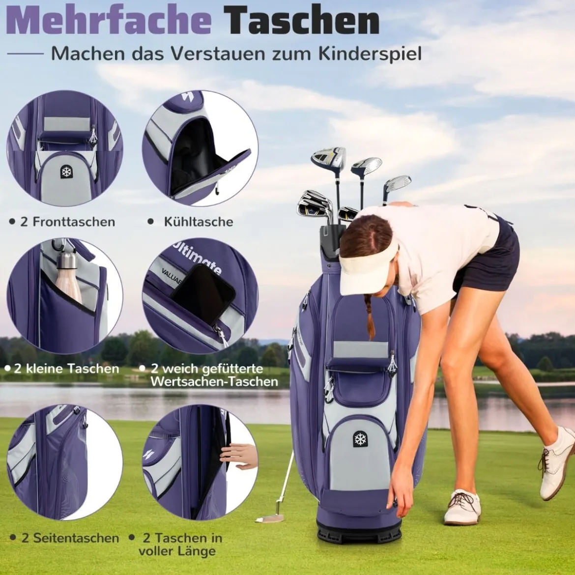 Golfbag mit 14 er Unterteilung & Tragegurt & Regenhaube & 11 Taschen Leichtes Golf Cart Bag Violett