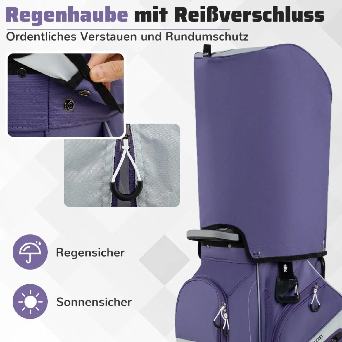 Golfbag mit 14 er Unterteilung & Tragegurt & Regenhaube & 11 Taschen Leichtes Golf Cart Bag Violett