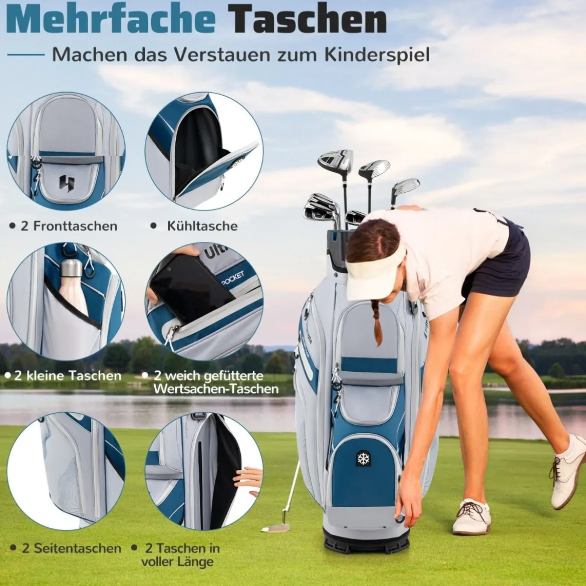 Golfbag mit 14 er Unterteilung & Tragegurt & Regenhaube & 11 Taschen Leichtes Golf Cart Bag Marineblau