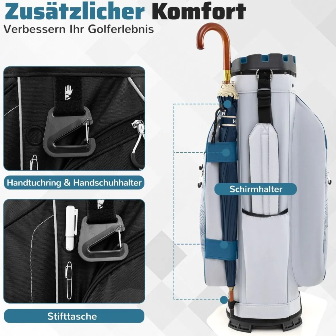 Golfbag mit 14 er Unterteilung & Tragegurt & Regenhaube & 11 Taschen Leichtes Golf Cart Bag Marineblau