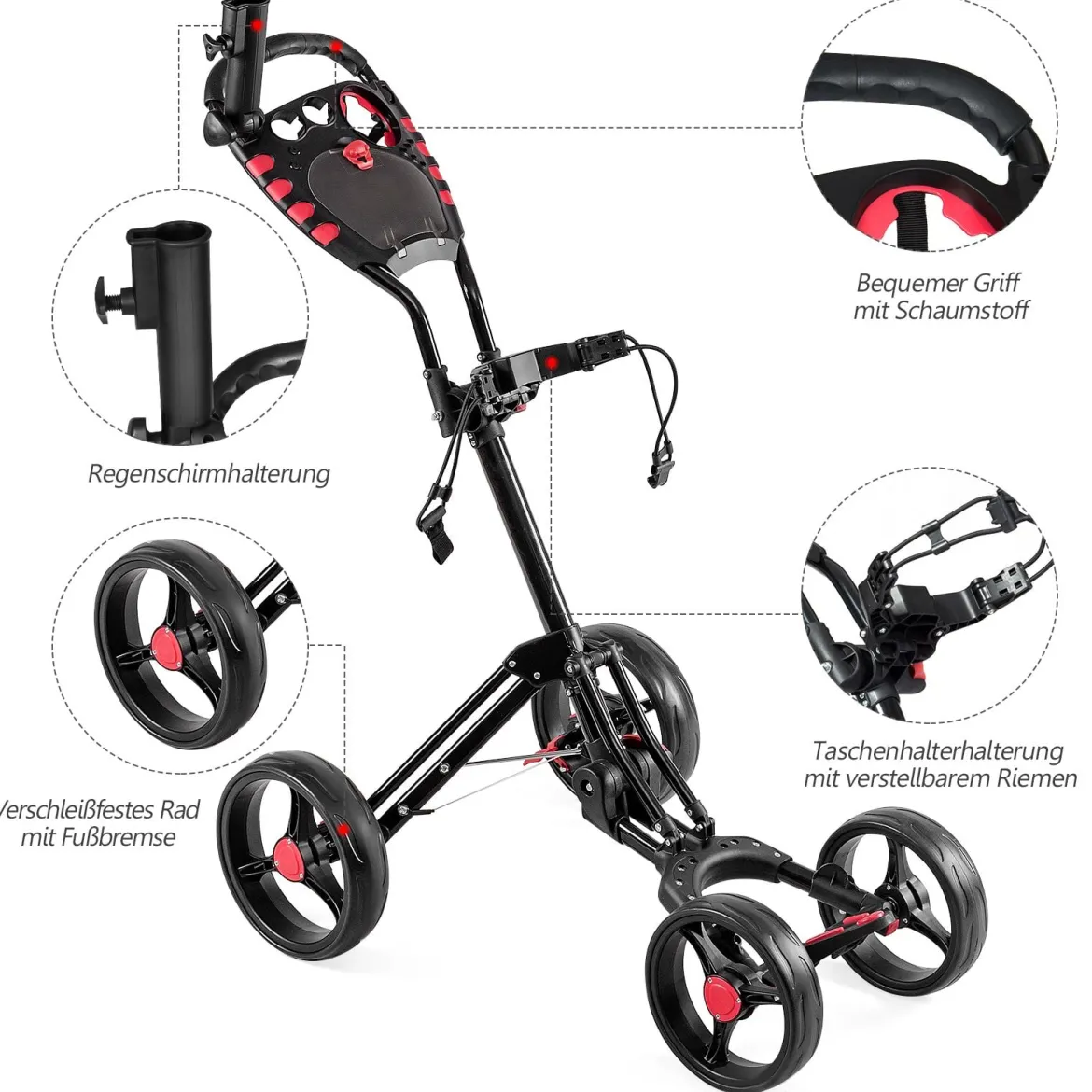 Golf Cart 4 Räder klappbares Golf Cart multifunktionales und bequemes Golf Cart Golfwagen mit verstellbarem Griff