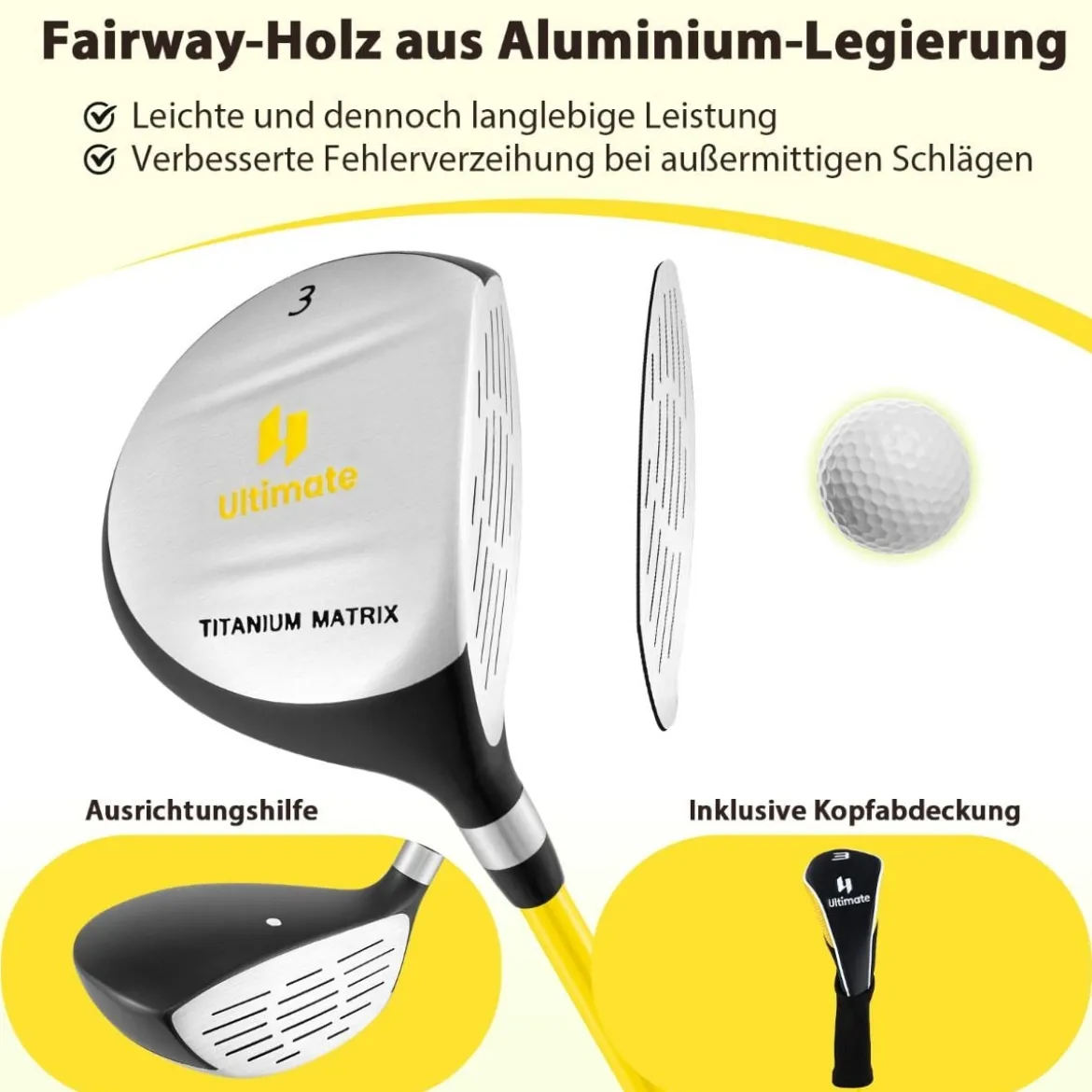 Golf #3 Fairway Holz für Kinder mit Schlägerhaube 34 Zoll 15 Grad Fiberglas-Schaft Golfschläger