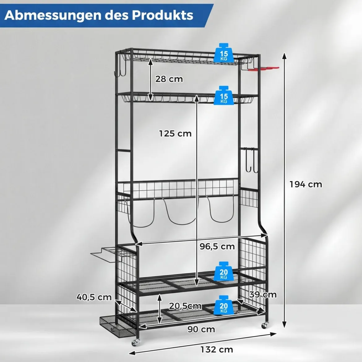 Golf Organizer mit Abnehmbaren Rollen & 4 Haken & 2 Körben Golfschläger-Organizer Schwarz