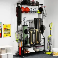 Golf Organizer mit Abnehmbaren Rollen & 4 Haken & 2 Körben Golfschläger-Organizer Schwarz