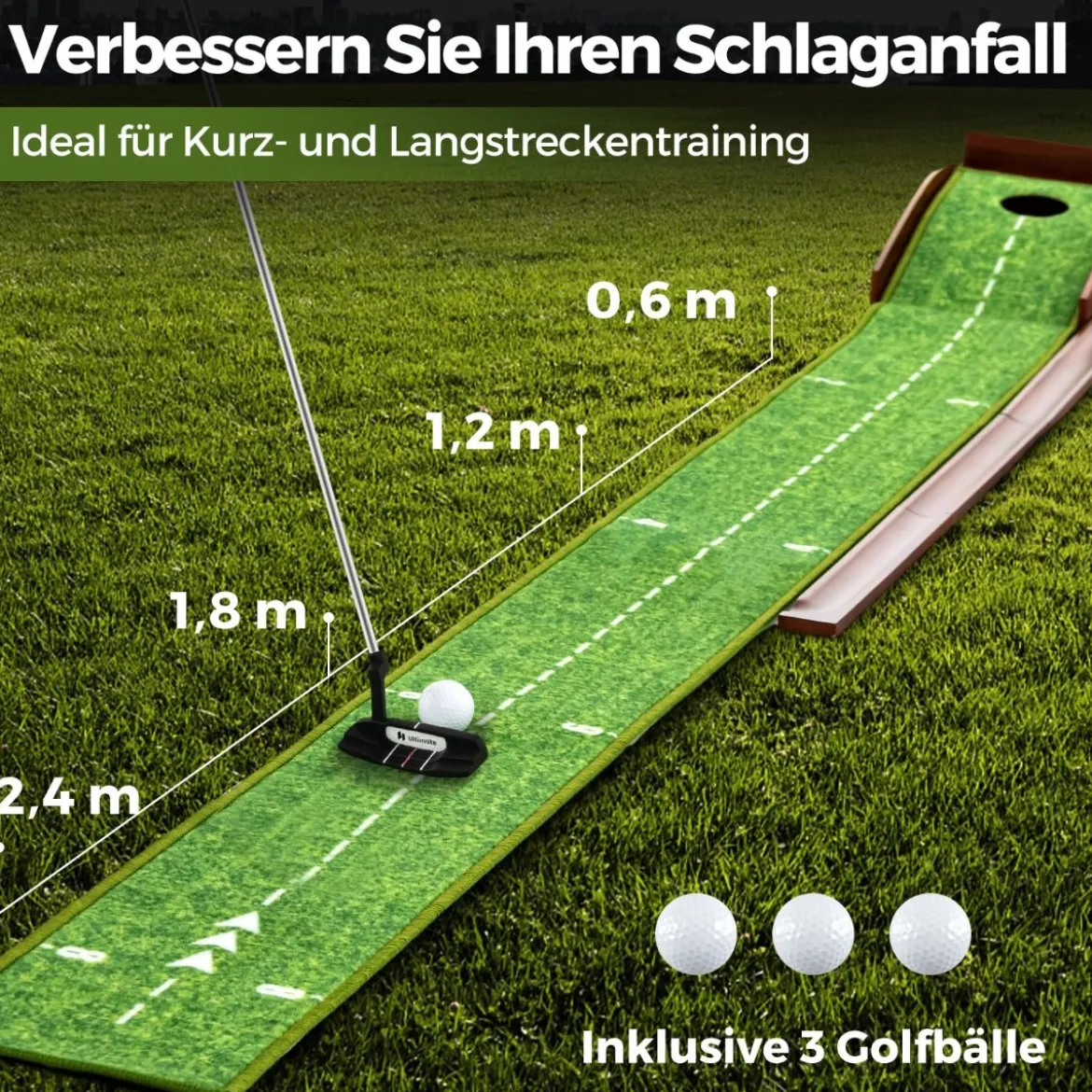 Golf Puttingmatte mit 1 Loch & 3 Golfbällen & Kunstrasen Golfmatte Putting Trainer Grün