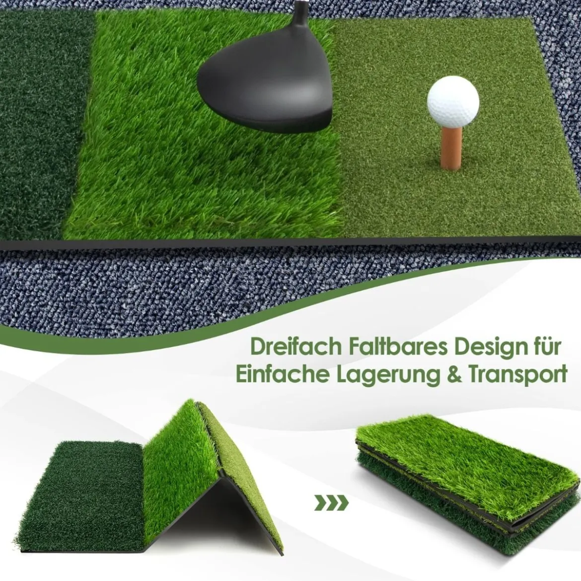 Golf Schlagmatte 3 Farben langes und kurzes Gras klappbar mit 2 Teehaltern 42 x 65 cm Grün
