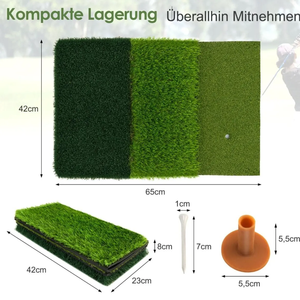 Golf Schlagmatte 3 Farben langes und kurzes Gras klappbar mit 2 Teehaltern 42 x 65 cm Grün