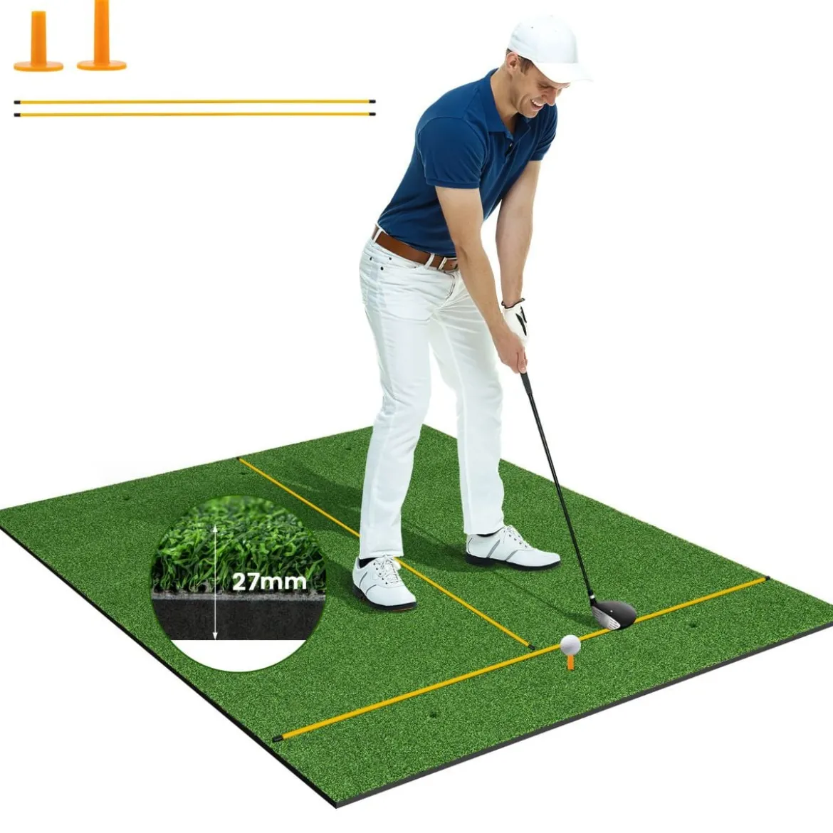 Golf Schlagmatte 2 Gummi Tees & 2 Ausrichtungsstäbe & 6 Abschlagpositionen 152 x 117 cm 27 mm Dicke