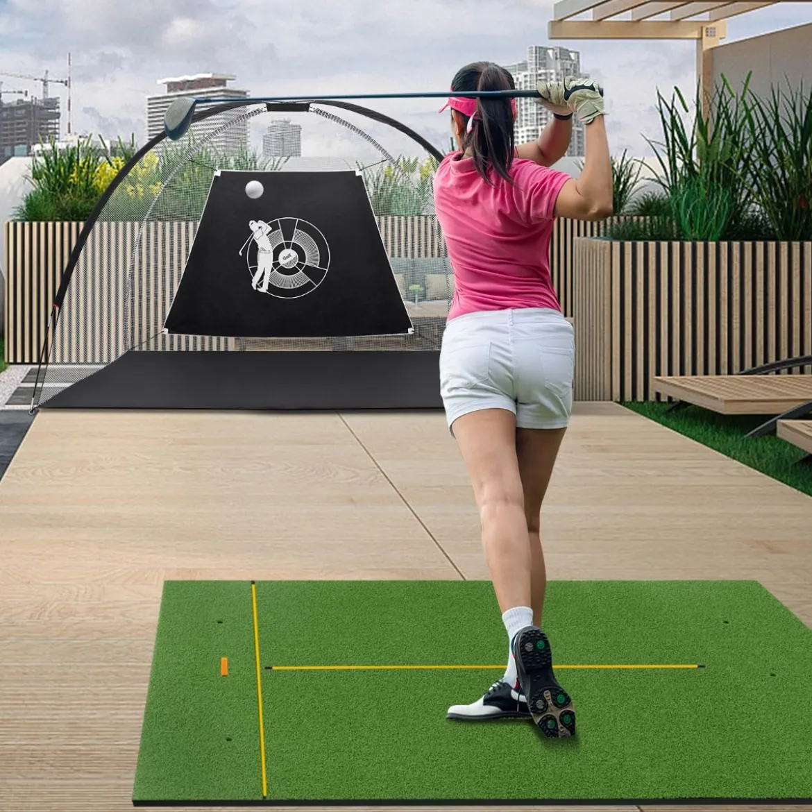 Golf Schlagmatte 2 Gummi Tees & 2 Ausrichtungsstäbe & 6 Abschlagpositionen 152 x 117 cm 27 mm Dicke