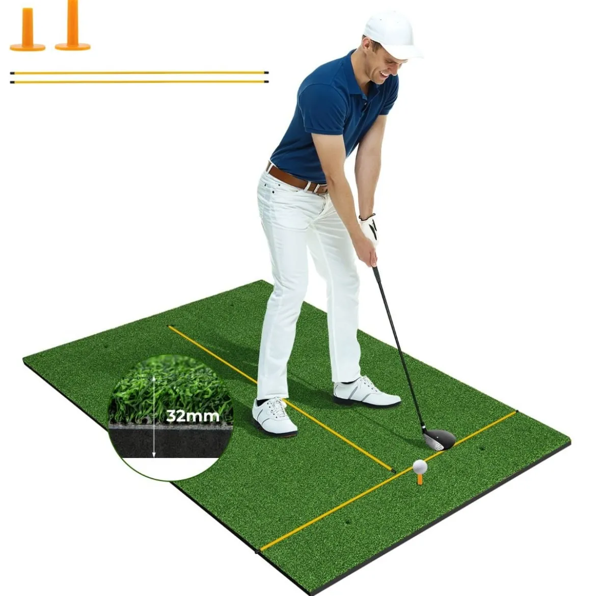 Golf Schlagmatte 2 Gummi Tees & 2 Ausrichtungsstäbe & 6 Abschlagpositionen 152 x 92 cm Dicke 32 mm