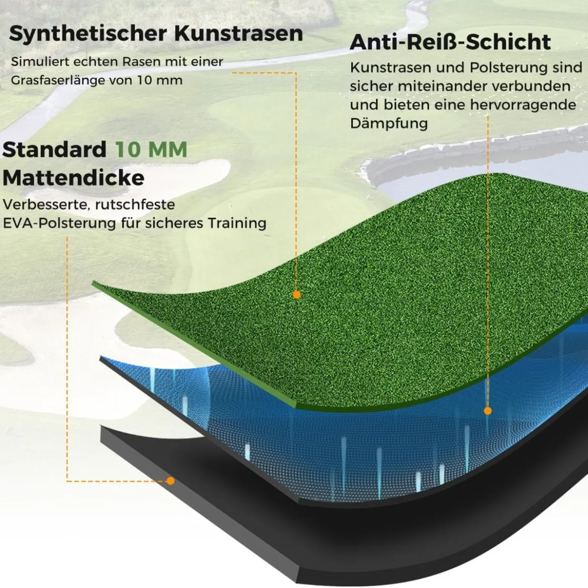 Golf Schlagmatte 2 Gummi Tees & 2 Ausrichtungsstäbe & 6 Abschlagpositionen 152 x 92 cm Dicke 32 mm
